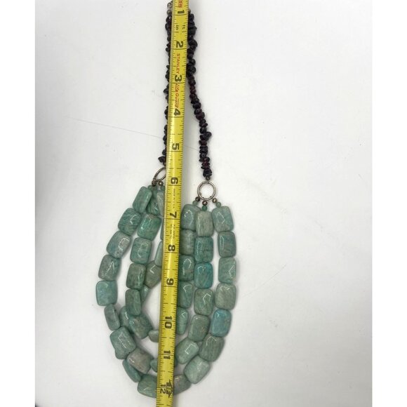 Triple Strand Beaded Necklace Aqua Amazonite & Raspberry Garnet Natural Boho SEE - Picture 5 of 10